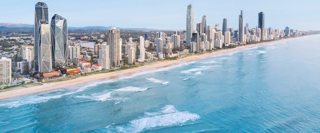 broadbeach-couples-weekend-koko Aerial view of the Broadbeach coastline and Gold Coast skyline near Koko Broadbeach